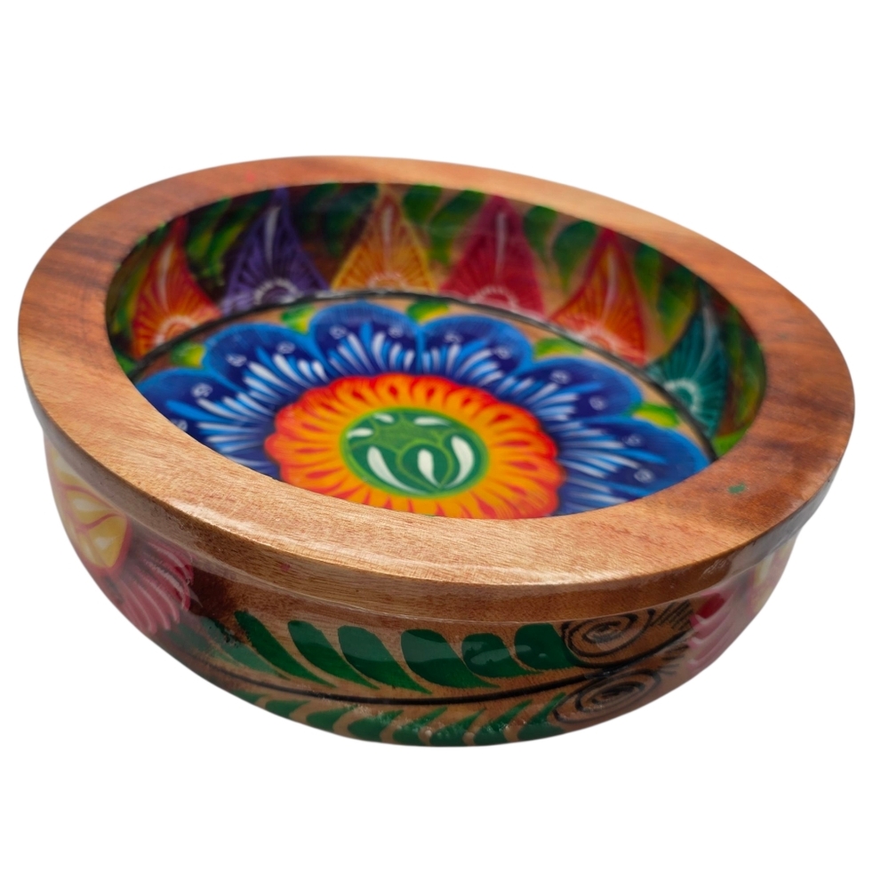 Hand Painted Mexican Wooden Bowl – 8" Folk Art Floral Design